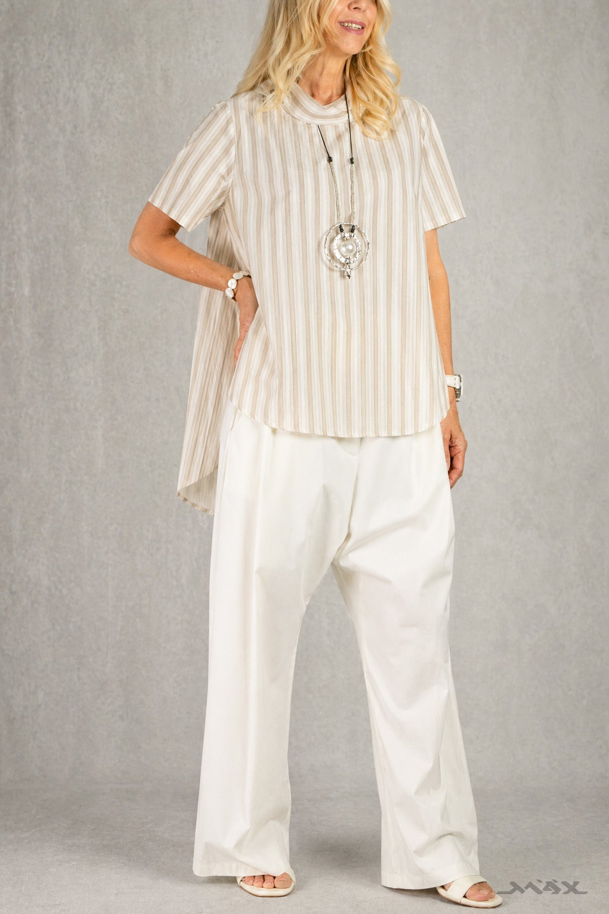 Kurzarm Vokuhila Shirt mit Doppelkragen gestreift Gr. Onesize (38-44)