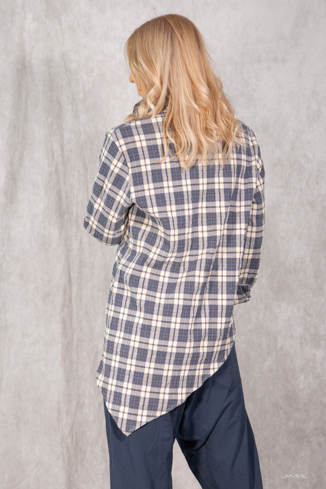 Asymmetrische Longbluse blau-creme kariert Gr. onesize (38-42)