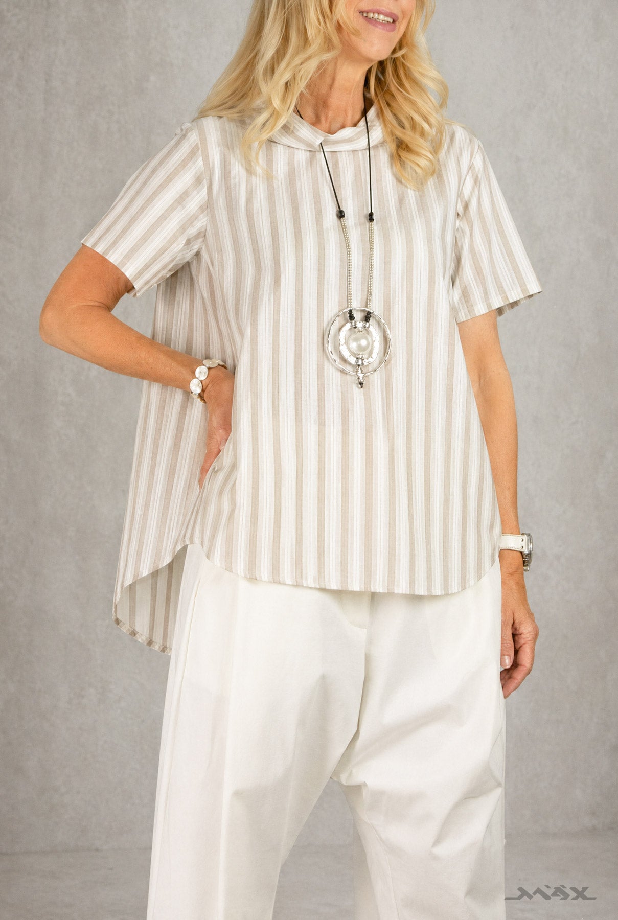 Kurzarm Vokuhila Shirt mit Doppelkragen gestreift Gr. Onesize (38-44)