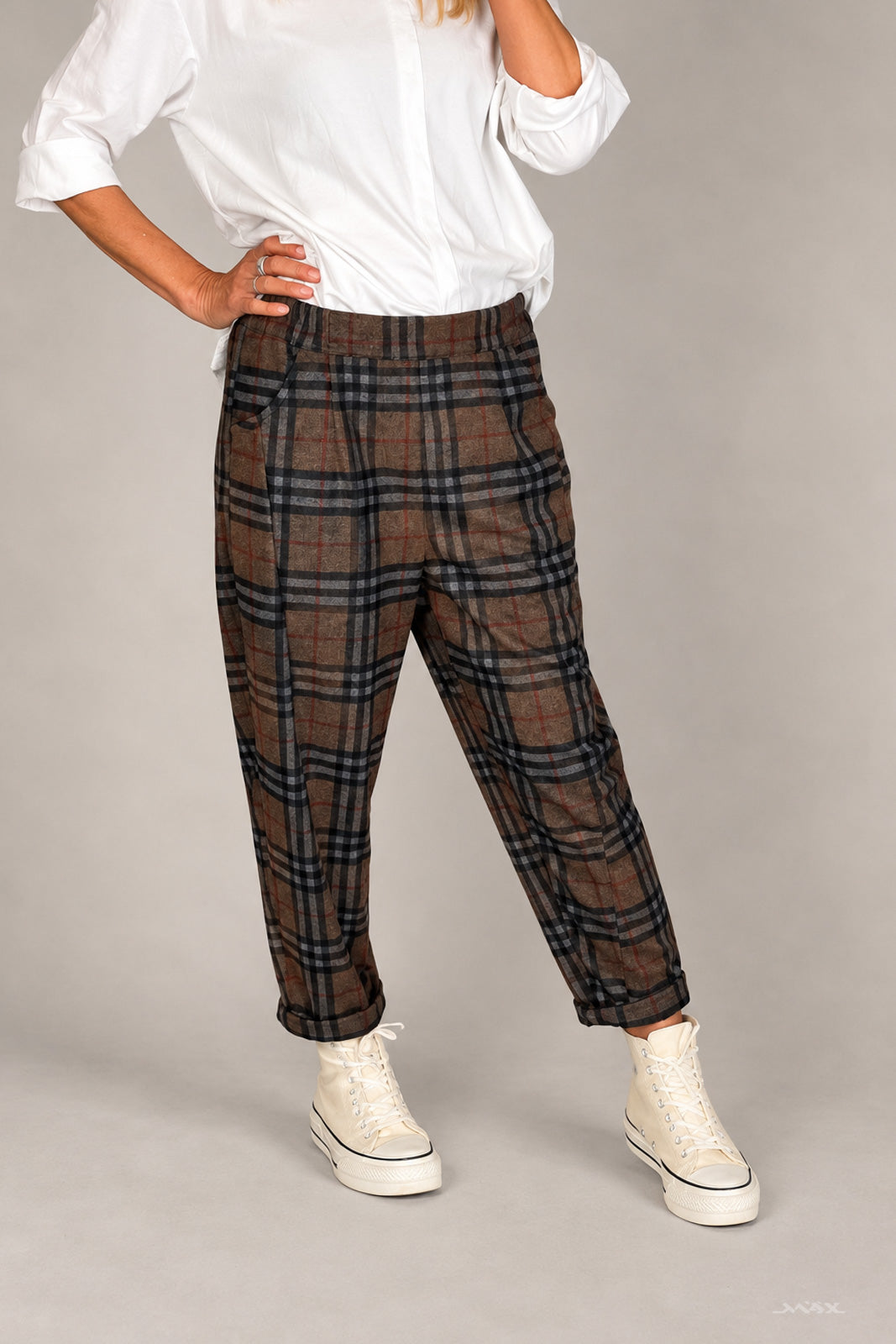 Hose schokobraun-kariert mit Ziernaht Gr. Onesize (38-42)