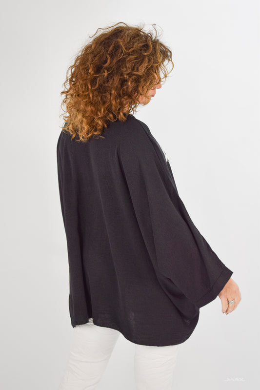 Oversized halbarm Viskose-Shirt schwarz mit Print