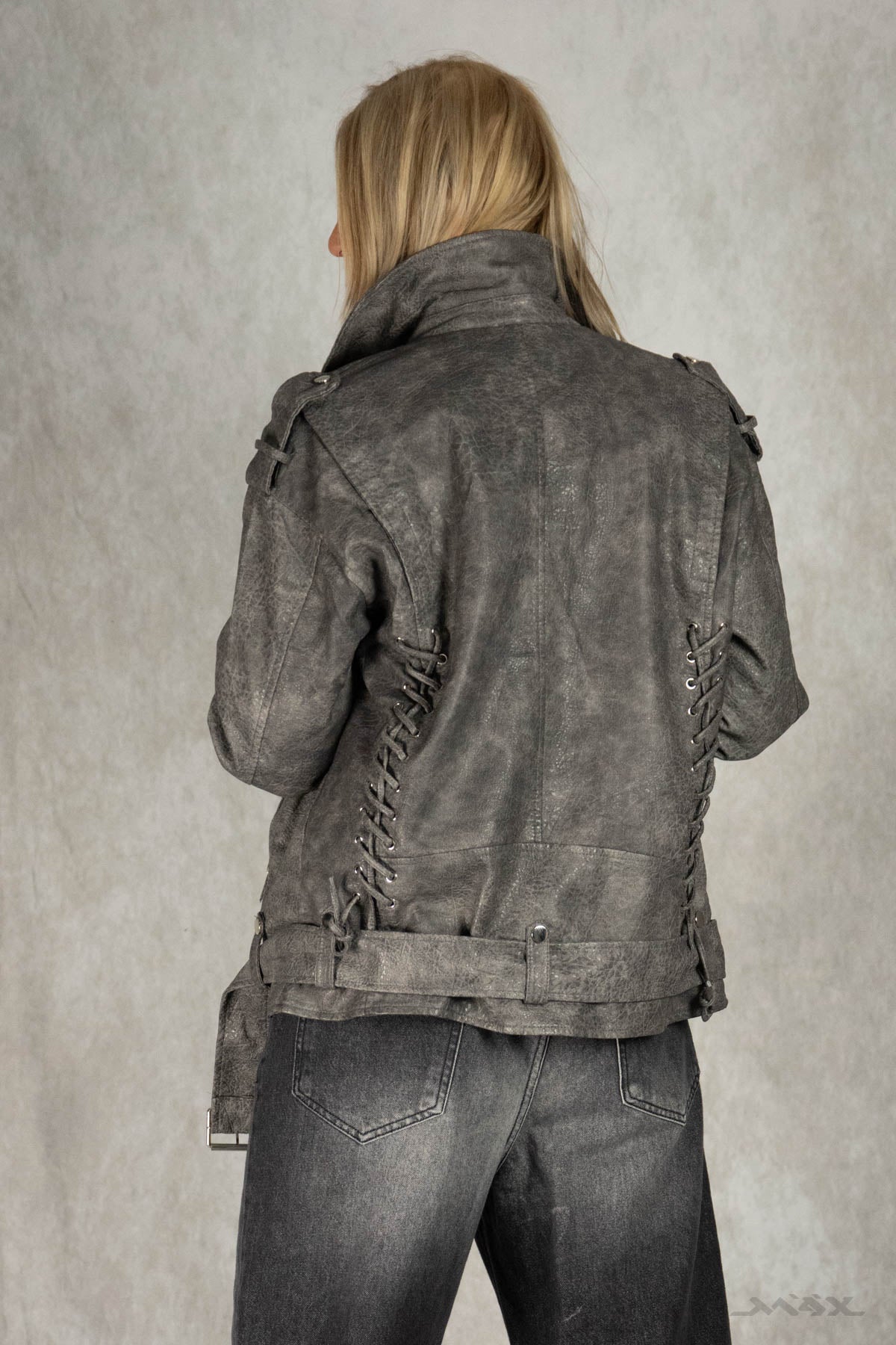 Bikerjacke aus Vegan-Leder grau Gr. Onesize (38-42)