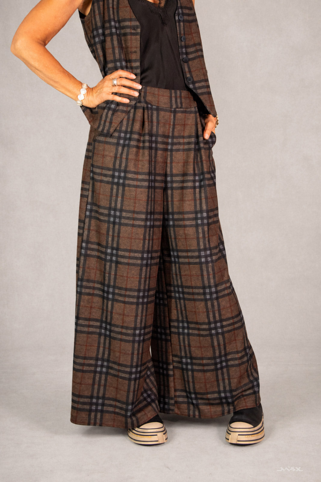Chocolate Brown Checked Marlène Trousers, One Size (38–44)