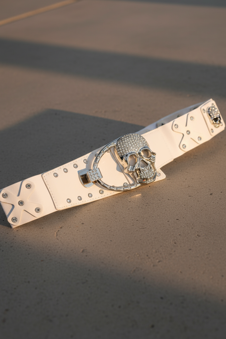 Stretchgürtel weiß SKULL mit Nieten
