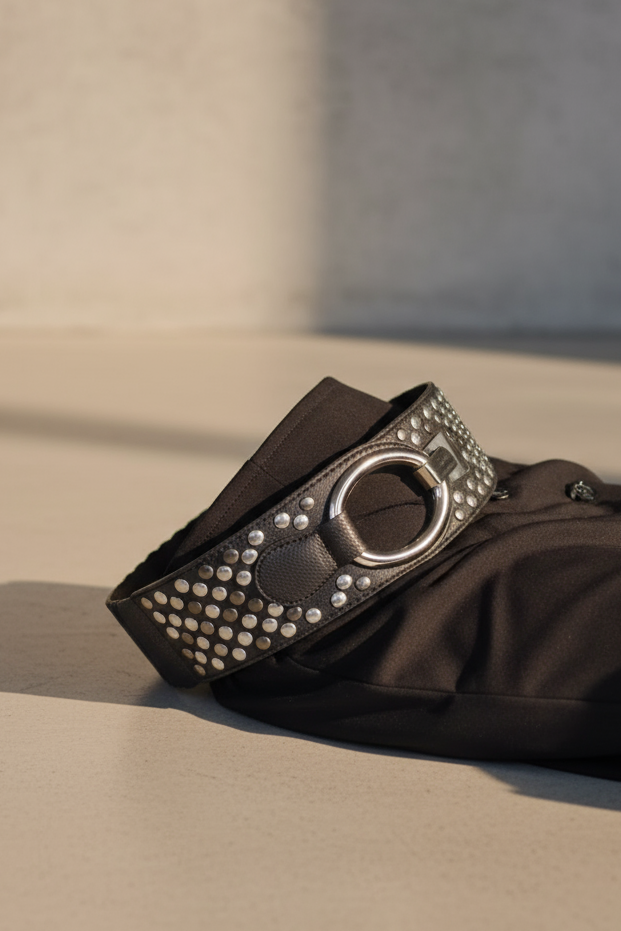 Nieten-Stretchgürtel mit Lamellen in schwarz