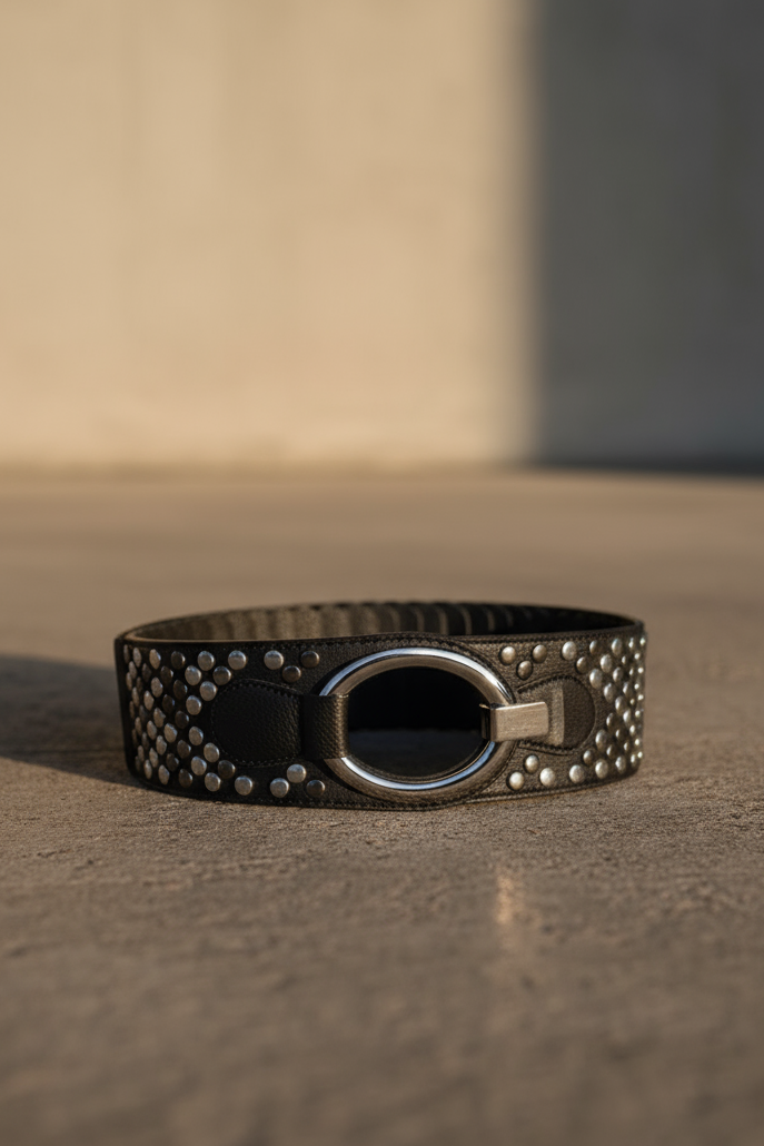 Zwarte stretchriem met studs en lamellen