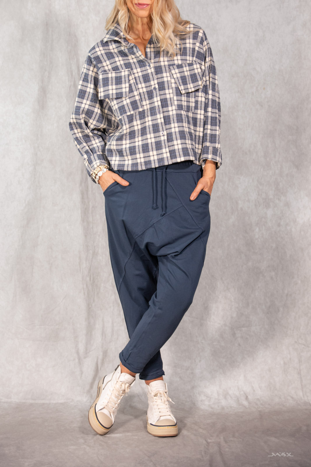 Blouse bleu à carreaux avec poches plaquées - taille unique (38-42)