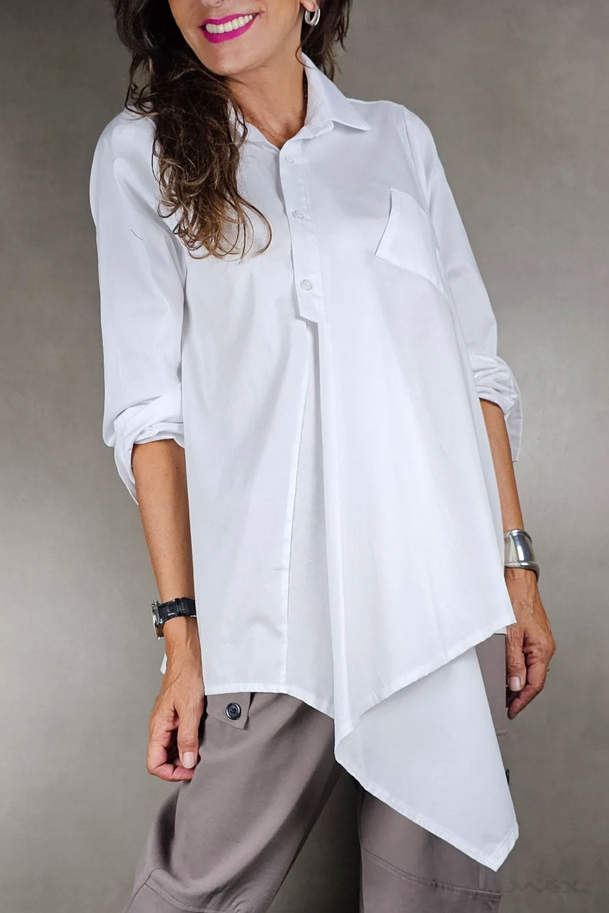 Asymmetrische Longbluse mit aufgesetzter Tasche Gr. Onesize (38-42)