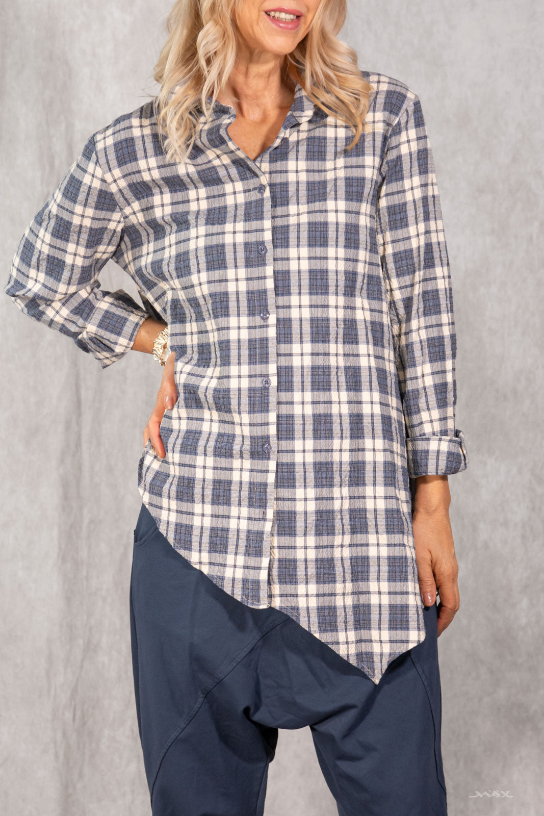 Asymmetrische Longbluse blau-creme kariert Gr. onesize (38-42)