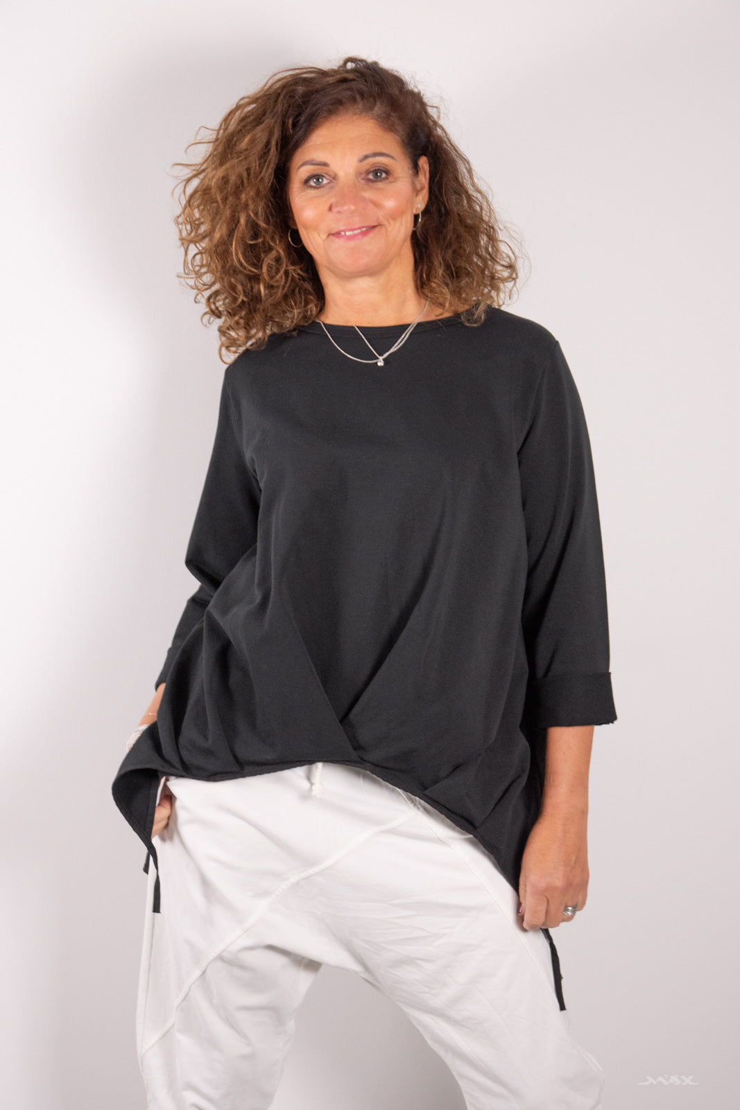 Geplooid mullet shirt zwart maat Onesize (past 38-42)