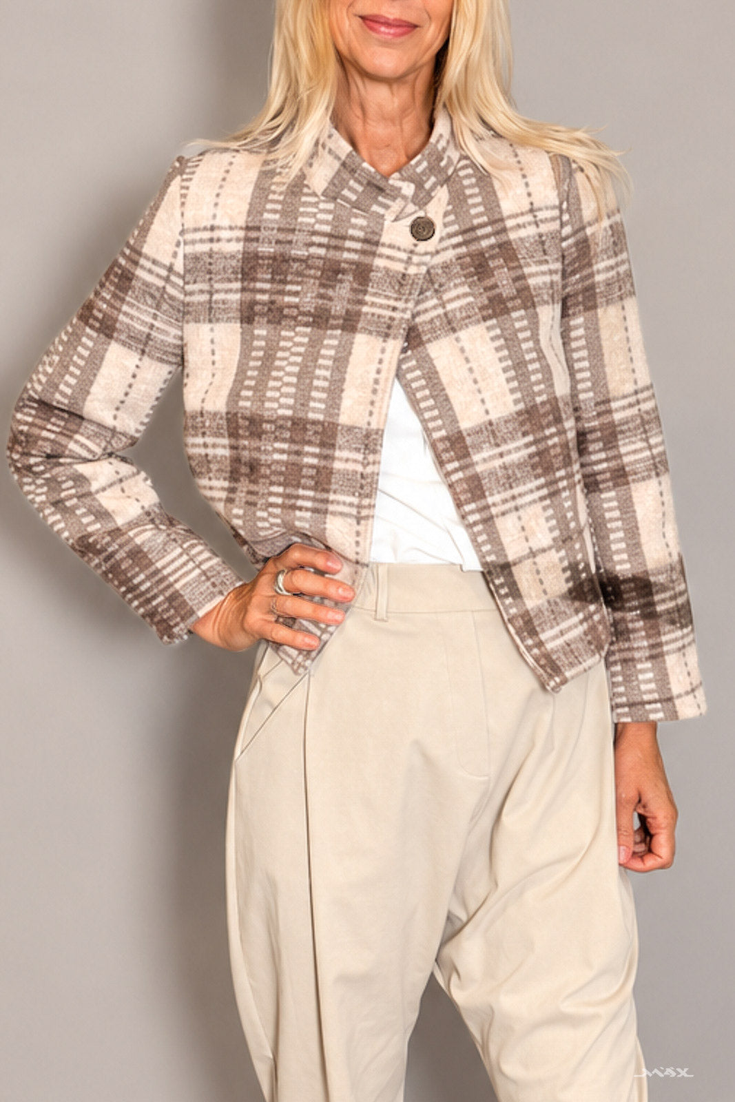 Karierte Woll-Jacke mit 1-Knopf-Verschluss Gr. Onesize (36-40)