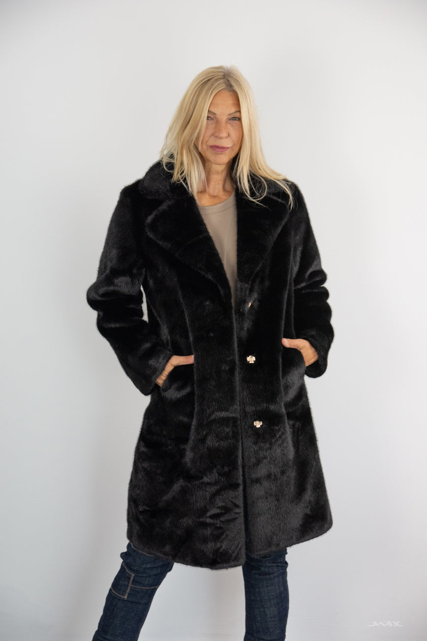 Fake-Fur Mantel mit Reverskragen Schwarz