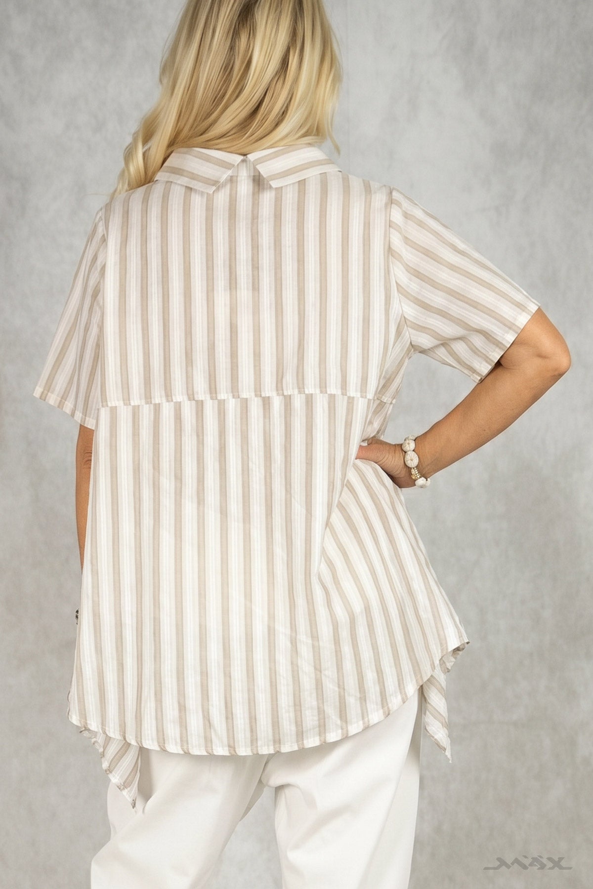Kurzarm Vokuhila Shirt mit Doppelkragen gestreift Gr. Onesize (38-44)