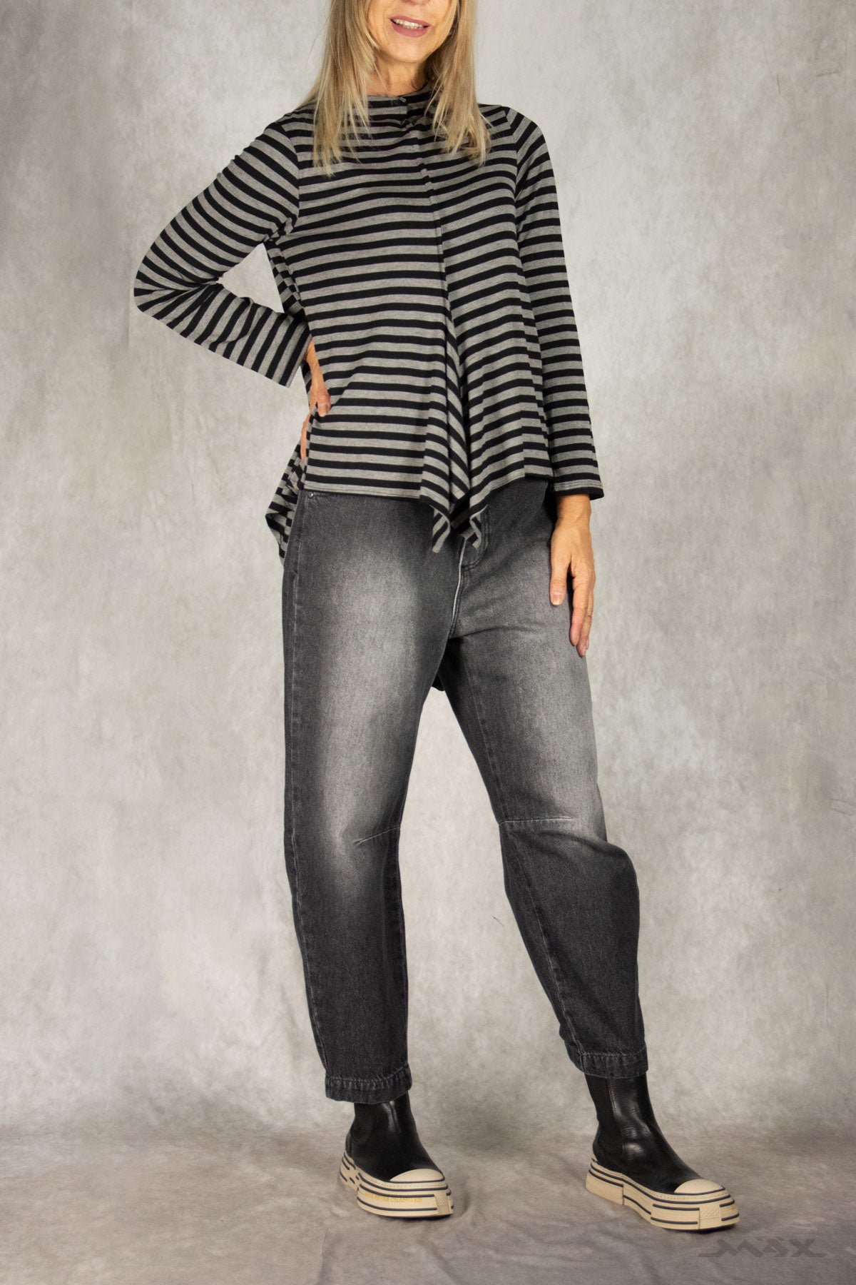 Vokuhila-Shirt mit Streifen schwarz-grau Gr. onesize(38-42)