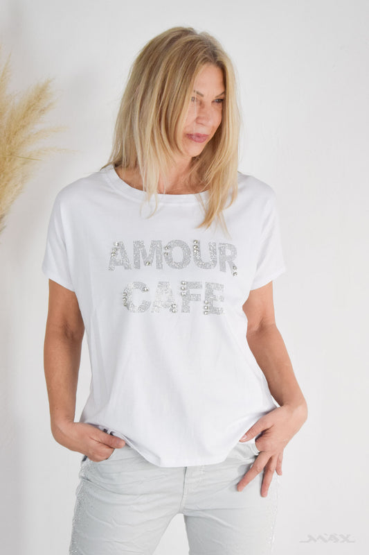 Shirt weiß “Amour Cafe” mit Steinchen