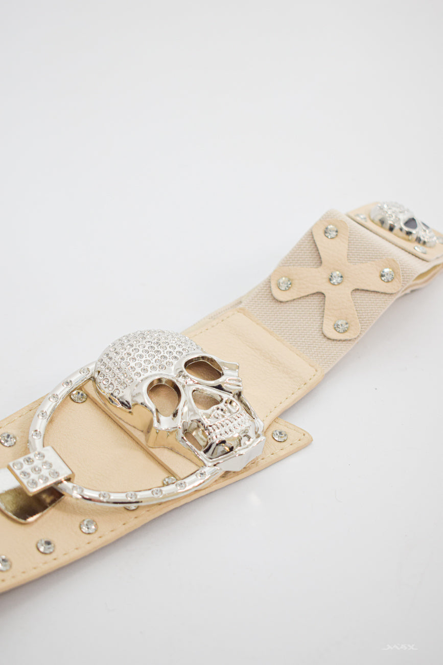 Stretch riem beige SKULL met klinknagels