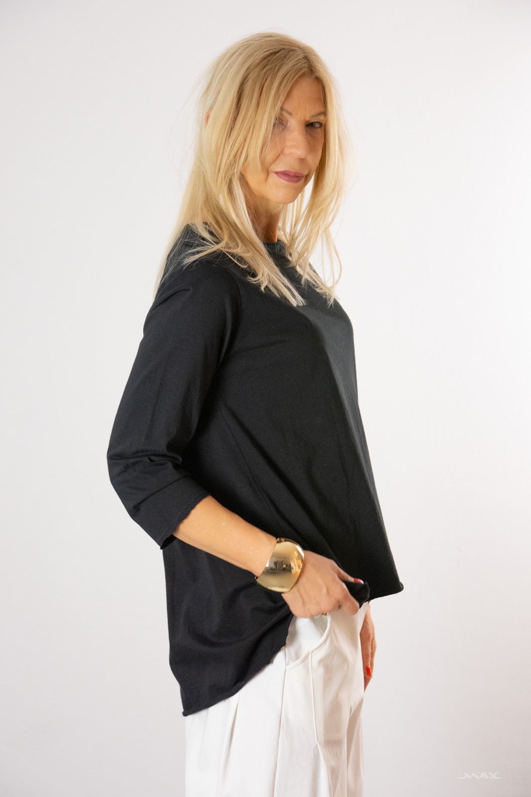 Vokuhila Basic-Shirt schwarz mit 3/4 Arm Gr. onesize (36-40)